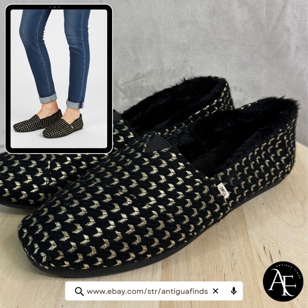 Toms Alpargata Black Gold Metallic Chevron Faux Fur Lined Slip On Shoes W12
